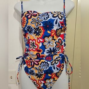 Girls' Floral One-Piece Swimsuit in Blue, Yellow & Red